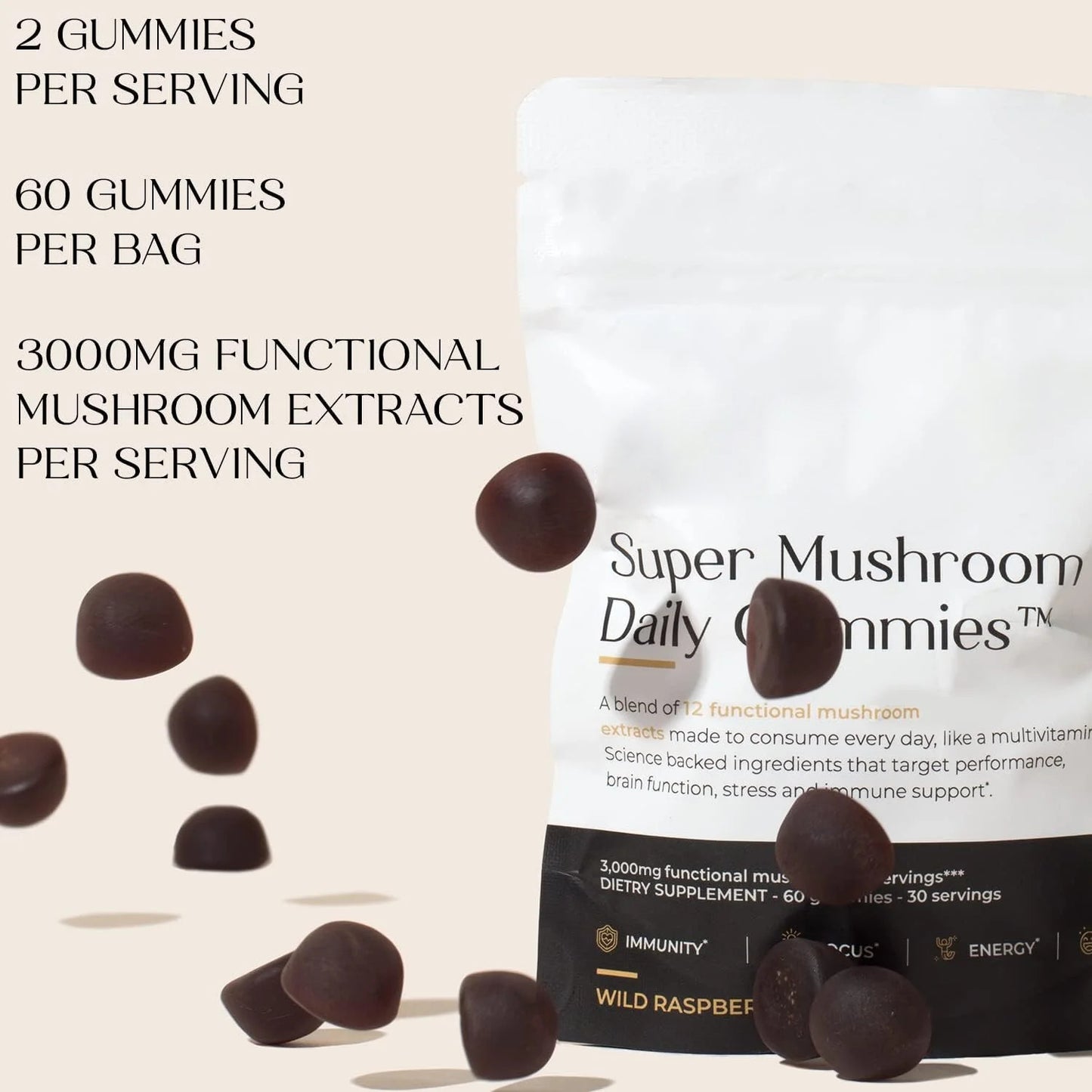 Super Gummies Champignons Adaptogènes - Soutien Cognitif 60 pièces